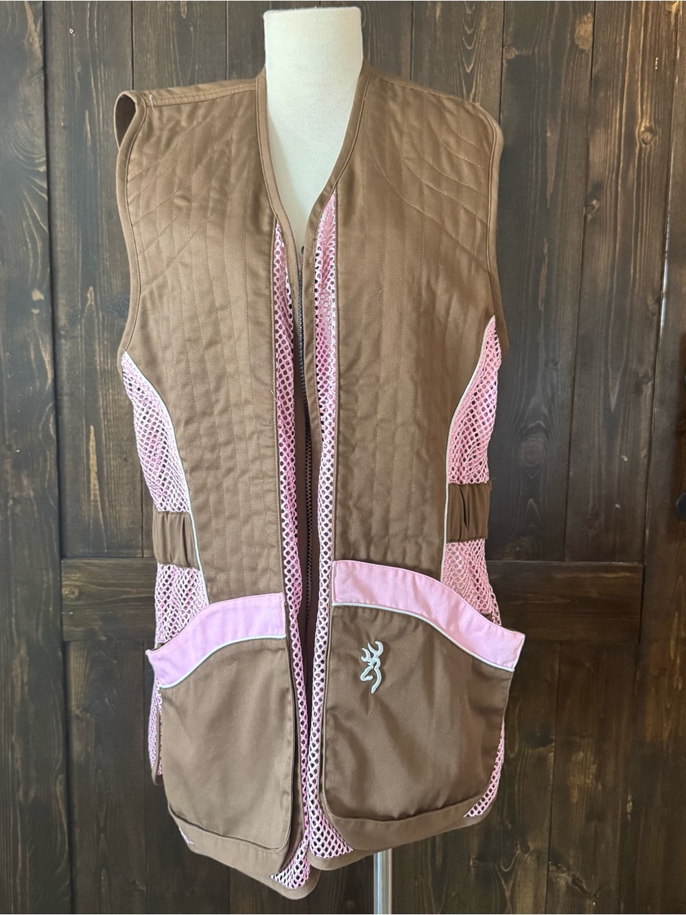 Browning For Her Hunting Shooting Vest Mesh Cotton Pockets Brown Pink Women L
